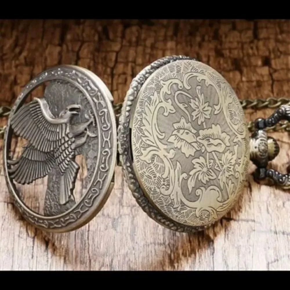 ANTIQUE BRONZE EAGLE LOCKET NECKLACE/POCKET QUARTZ WATCH
